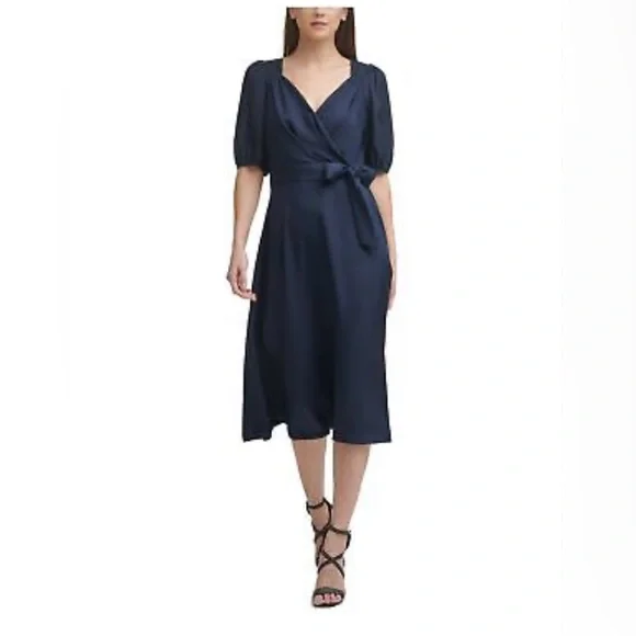 Dkny | Dresses | 6dkny Womens Navy Selftie Belt Pouf Sleeve Below The Knee  Fit Flare Dress | Poshmark